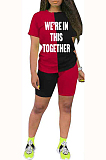 Black Red Casual Polyester Letter Short Sleeve Round Neck Spliced Tee Top Shorts Sets AA5166