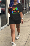 Black Casual Polyester Letter Short Sleeve Round Neck Tee Top Shorts Sets FH096
