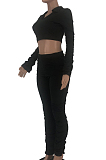 Black Sexy Polyester Pure Color Long Sleeve V Neck Ruffle Crop Top Pants Sets LY5848