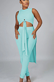 Cyan Casual Polyester Sleeveless Round Neck Knotted Strap Tank Top Long Pants Sets FH083