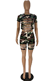 Sexy Polyester Camo Short Sleeve Round Neck Ripped Tee Top Shorts Sets WJ5100