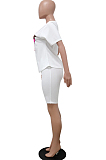 White Casual Polyester Mouth Graphic Short Sleeve Round Neck Tee Top Shorts Sets MA6576