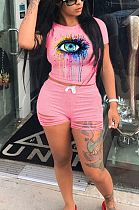 Pink Casual Polyester Short Sleeve Round Neck Ripped Tee Top Shorts Sets MA6575
