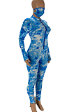Blue Casual Polyester Tie Dye Long Sleeve Ruffle Bodycon Jumpsuit WJ5101