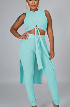 Cyan Casual Polyester Sleeveless Round Neck Knotted Strap Tank Top Long Pants Sets FH083