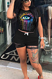 Pink Casual Polyester Short Sleeve Round Neck Ripped Tee Top Shorts Sets MA6575