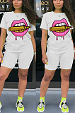 White Casual Polyester Mouth Graphic Short Sleeve Round Neck Tee Top Shorts Sets MA6576