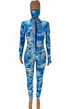 Blue Casual Polyester Tie Dye Long Sleeve Ruffle Bodycon Jumpsuit WJ5101