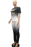 Orange Casual Polyester Mouth Graphic Short Sleeve Round Neck Ruffle Tee Top Long Pants Sets MR2049