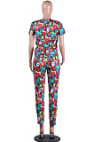 Casual Polyester Figure Graphic Short Sleeve Round Neck All Over Print Tee Top Long Pants Sets FH016