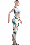 White Casual Polyester Sleeveless Round Neck All Over Print Crop Top Long Pants Sets FH9020