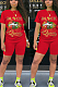 Red Casual Polyester Mouth Graphic Short Sleeve Round Neck Tee Top Shorts Sets FH090