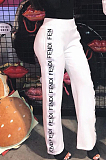 White Casual Polyester Letter Mid Waist Straight Leg Pants BBN018