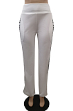 White Casual Polyester Letter Mid Waist Straight Leg Pants BBN018