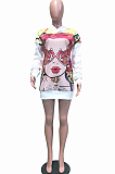 White Casual Polyester Figure Graphic Long Sleeve Round Neck Mid Waist Shift Dress BBN015