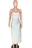Grey Sexy Polyester Sleeveless Round Neck Split Hem Pleated Long Dress HH8922