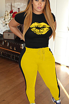 Yellow Casual Polyester Mouth Graphic Short Sleeve Round Neck Tee Top Long Pants Sets W8300