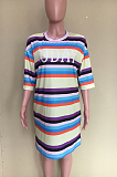 White Casual Acetate Striped Half Sleeve Round Neck Mid Waist Shift Dress ORY5158