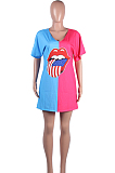 Blue Casual Polyester Mouth Graphic Short Sleeve V Neck Spliced Shift Dress FH033