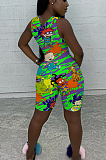 Green Casual Polyester Cartoon Graphic Sleeveless All Over Print Tank Jumpsuit FH079