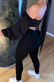 Black Sexy Polyester Off Shoulder Puff Sleeve Zip Back Ripped Long Pants Sets LY5851
