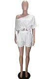 White Casual Polyester Striped Short Sleeve Tee Top Shorts Sets TZ1135