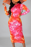 Red Casual Polyester Long Sleeve High Neck Long Dress YYZ510