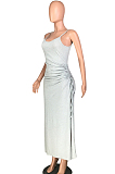 Grey Sexy Polyester Sleeveless Round Neck Split Hem Pleated Long Dress HH8922