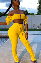 Yellow Casual Cotton Half Sleeve Backless Bandeau Bra Long Pants Sets HH8921