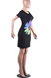 Black Casual Polyester Floral Short Sleeve Round Neck Mid Waist Mini Dress FH019