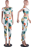 White Casual Polyester Sleeveless Round Neck All Over Print Crop Top Long Pants Sets FH9020