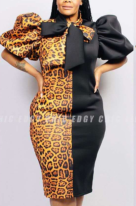 Black Sexy Corduroy Leopard Short Sleeve Stand Collar Shift Dress RNH8053