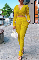 Yellow Casual Polyester Long Sleeve Deep V Neck Ruffle Crop Top Long Pants Sets LY5849