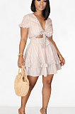 Pink Casual Polyester Striped Short Sleeve V Neck Knotted Strap Mini Dress OMY8065