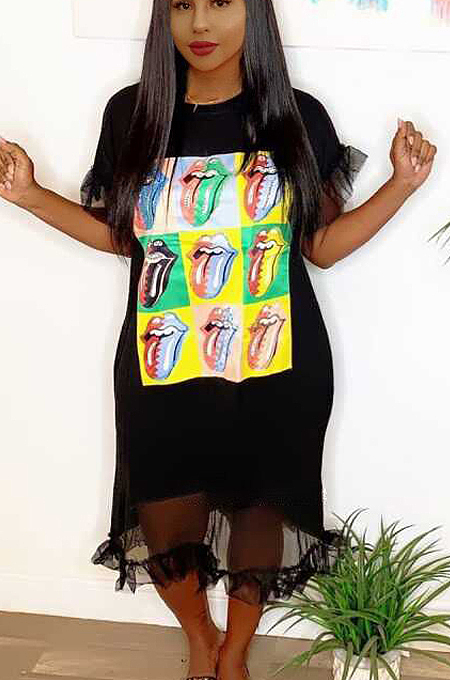 Black Casual Acetate Mouth Graphic Short Sleeve Round Neck Mid Waist Shift Dress ORY5156