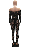 Black Sexy Polyester Floral Long Sleeve Hollow Out Utility Blouse Long Pants Sets MR2051