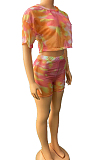 Orange Sexy Polyester Short Sleeve Round Neck Tee Top Shorts Sets WJ5099