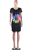 Black Casual Polyester Floral Short Sleeve Round Neck Mid Waist Mini Dress FH019