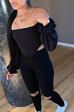 Black Sexy Polyester Off Shoulder Puff Sleeve Zip Back Ripped Long Pants Sets LY5851