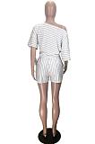 White Casual Polyester Striped Short Sleeve Tee Top Shorts Sets TZ1135