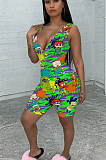 Green Casual Polyester Cartoon Graphic Sleeveless All Over Print Tank Jumpsuit FH079