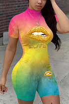 Casual Polyester Mouth Graphic Short Sleeve High Neck Zip Back Bodycon Jumpsuit OEP6199