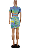 Multi Casual Polyester Tie Dye Short Sleeve Round Neck Hollow Out Ruffle Tee Top Bodycon Skirt Sets AA5150