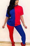 Yellow Blue Casual Polyester Short Sleeve Round Neck Spliced Tee Top Long Pants Sets AA5168