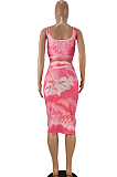 Pink Casual Polyester Tie Dye Sleeveless Round Neck Knotted Strap Tank Top Midi Skirt Sets AA5147