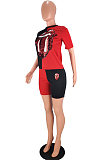 Black Red Casual Polyester Mouth Graphic Short Sleeve Round Neck Spliced Tee Top Shorts Sets AA5158