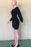 Black Sexy Polyester Long Sleeve V Neck Mini Dress BBN011