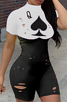 White Casual Polyester Short Sleeve Playing Card Graphic Round Neck Ripped Bodycon Jumpsuit YT3231