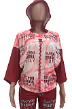 Red Casual Polyester Printed Nine Points Sleeve Hoodie Long Pants Sets YX9221
