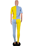 Yellow Blue Casual Polyester Short Sleeve Round Neck Spliced Tee Top Long Pants Sets AA5168